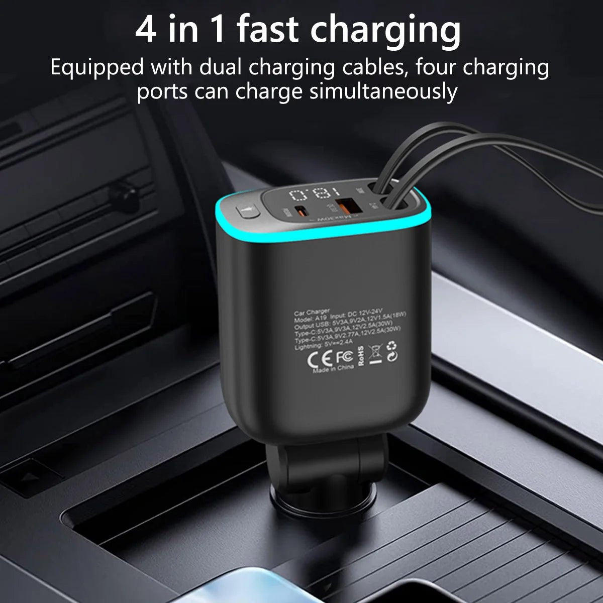 4-in-1 Retractable Car Charger – Fast Charging USB Type-C & Lightning Support for iPhone - Trendora.es