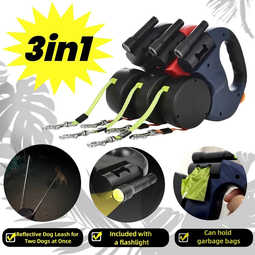 3 - in - 1 Double Head Dog Leash with Flashlight & Poop Bag Dispenser - Trendora.es